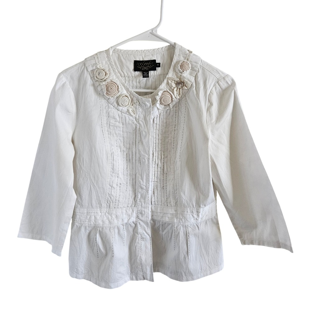 Icelandic Design Womens White Cotton Rosette Pintuck Peplum Blouse Size M